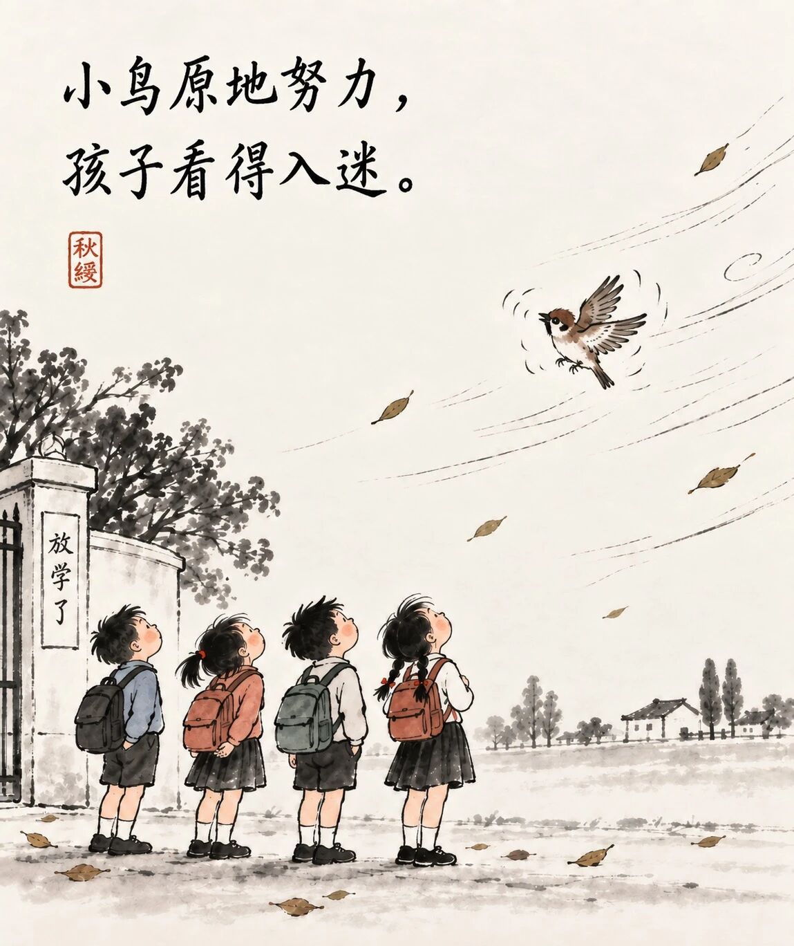 今天放学看到一只小鸟，就在她们身高的高度使劲地朝前飞呀飞呀，因为风大，它一直在原地
