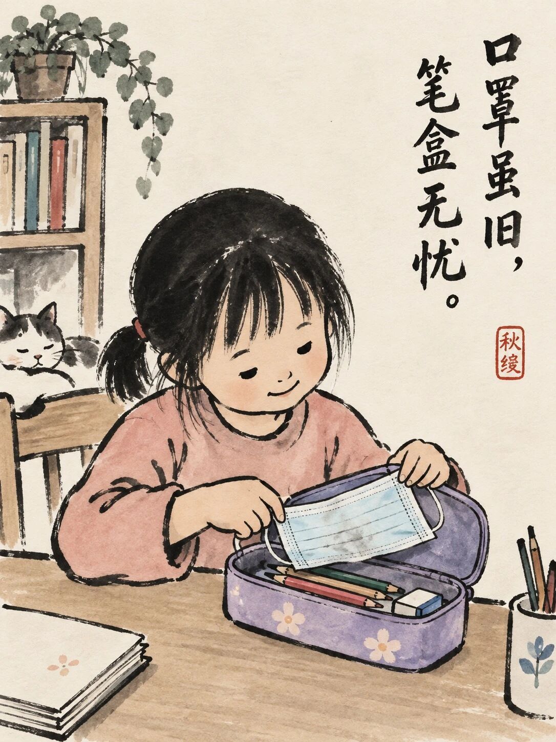 二宝把用过的口罩垫在文具盒里，她说这样铅笔不会把它弄脏
