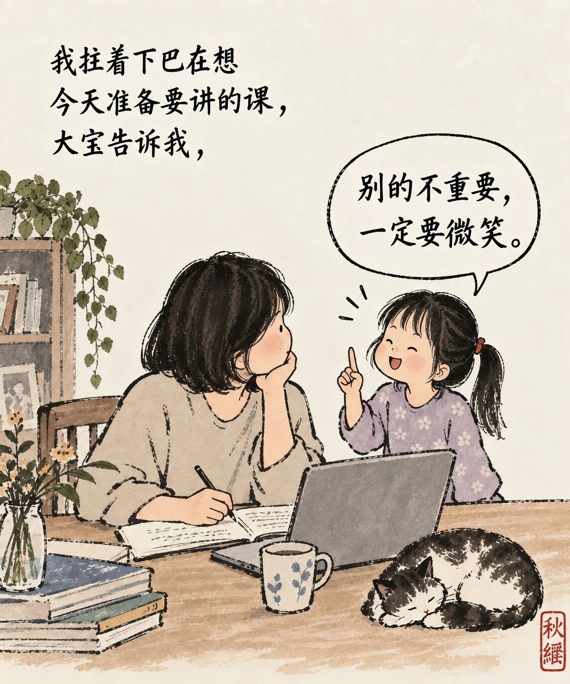 我拄着下巴在想今天准备要讲的课，大宝告诉我，“别的不重要，一定要微笑